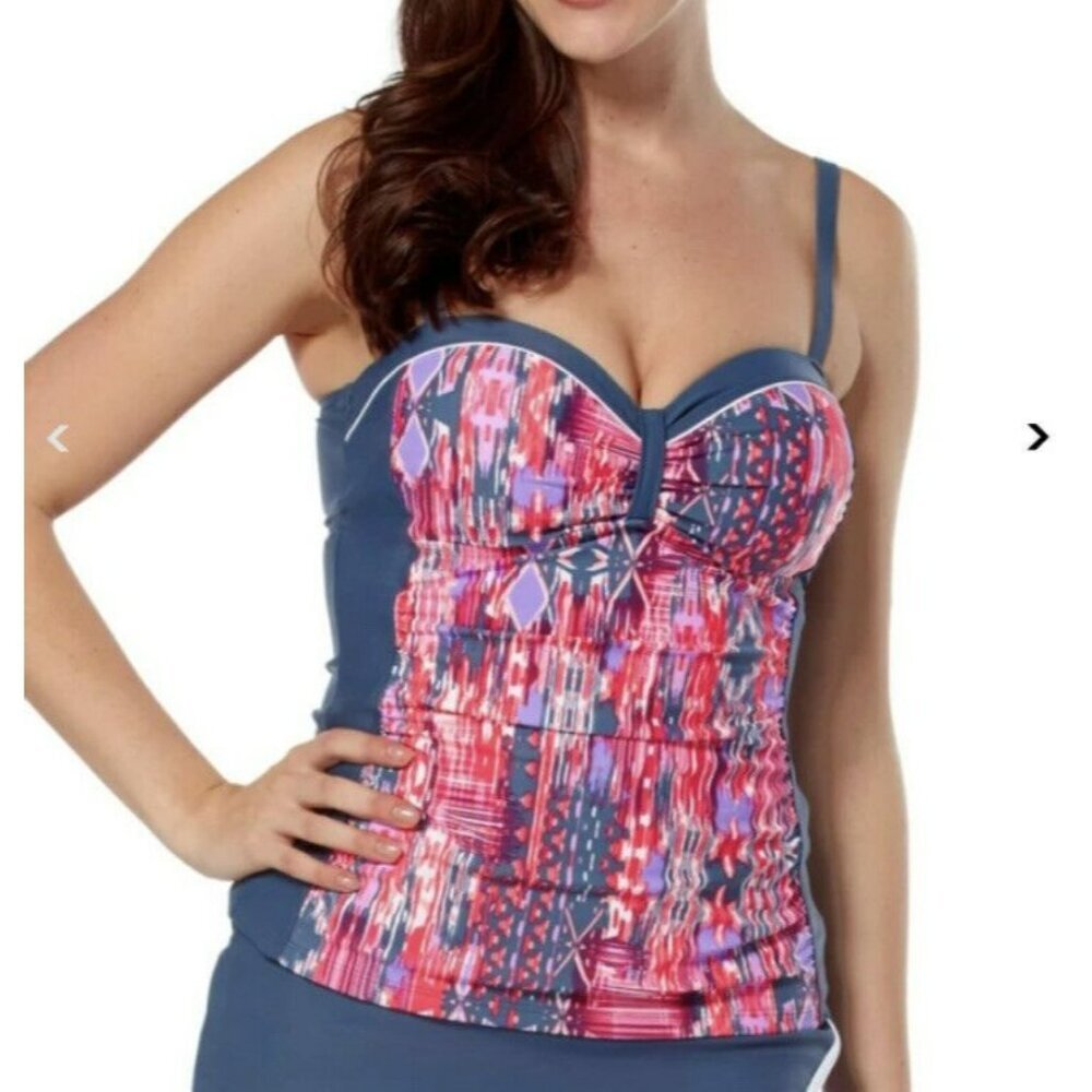 NWT Free Country Women's Swimsuit Tankini Top Stripes Ruby/Slate MSRP $49 Sz Sm